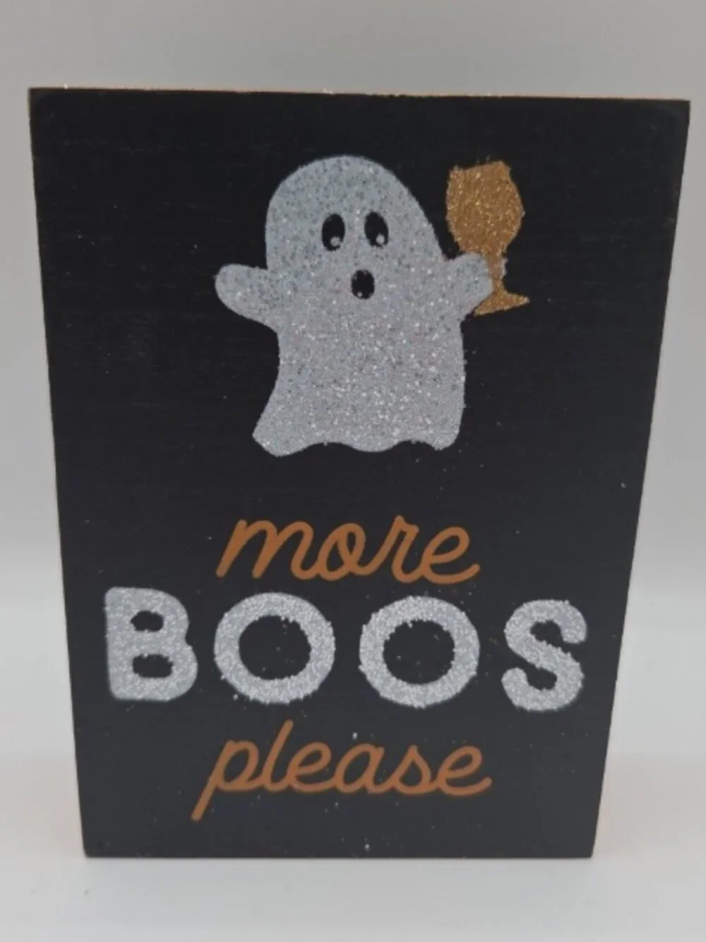 Halloween More Boos Please Wood Block Sign Ghost Glitter Shelf Decor